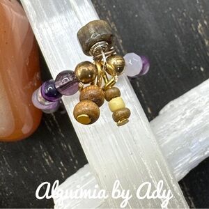 Amethyst gold charms beaded handmade statement ring gem band dainty colorful